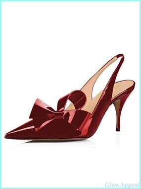 Pointy Toe Slingback Bow Stiletto Pumps Faux Vegan Low Heel